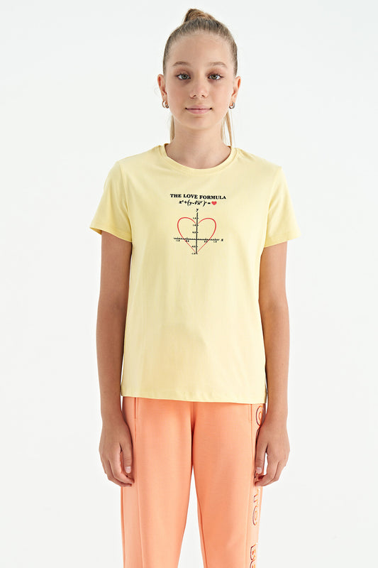 Yellow O Collar Print Detailed Relax Fit Girls' T-Shirt - 75129