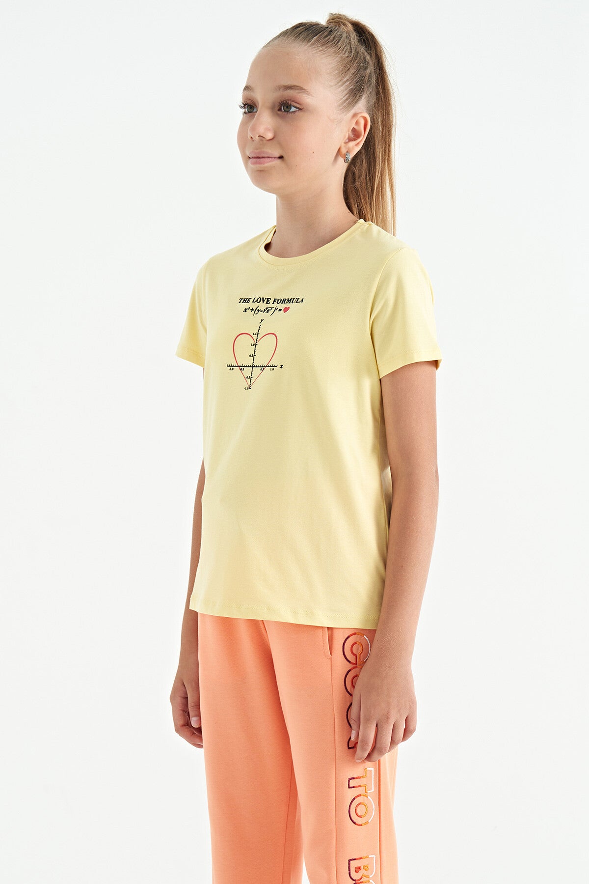 Yellow O Collar Print Detailed Relax Fit Girls' T-Shirt - 75129
