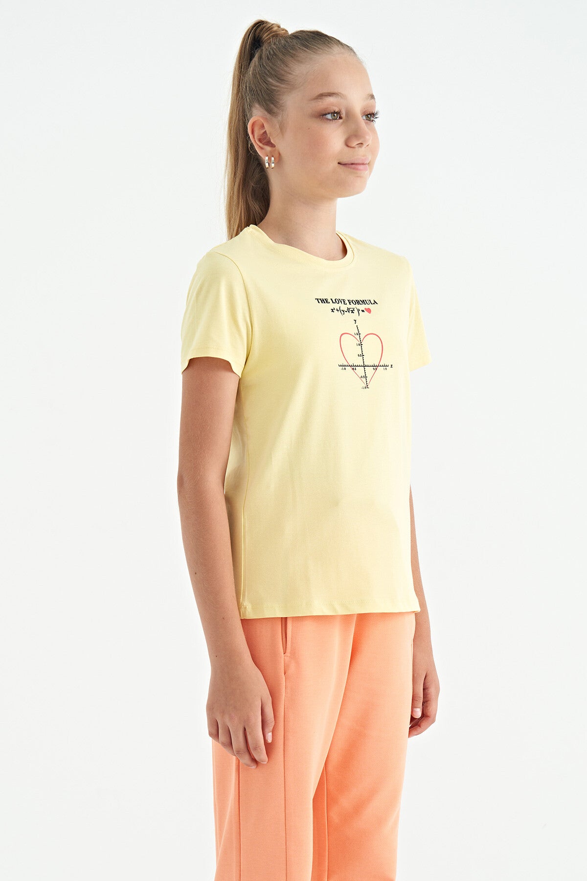 Yellow O Collar Print Detailed Relax Fit Girls' T-Shirt - 75129