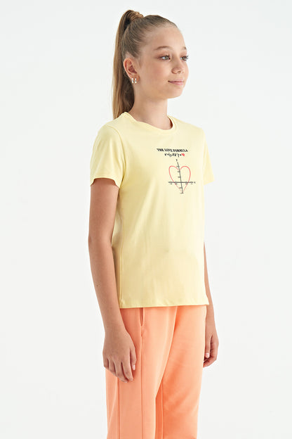 Yellow O Collar Print Detailed Relax Fit Girls' T-Shirt - 75129