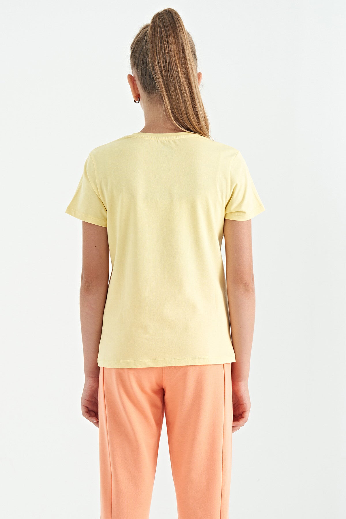 Yellow O Collar Print Detailed Relax Fit Girls' T-Shirt - 75129