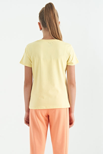 Yellow O Collar Print Detailed Relax Fit Girls' T-Shirt - 75129