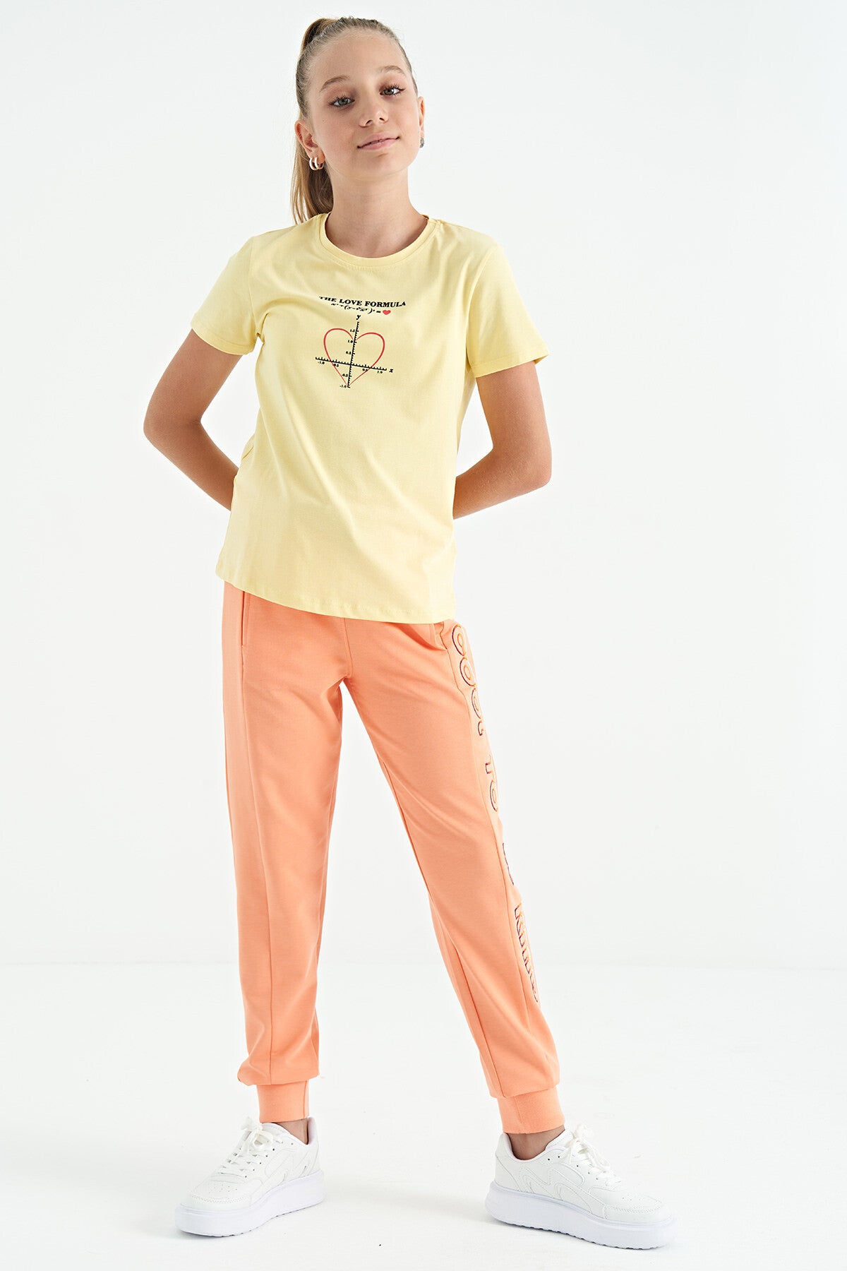 Yellow O Collar Print Detailed Relax Fit Girls' T-Shirt - 75129
