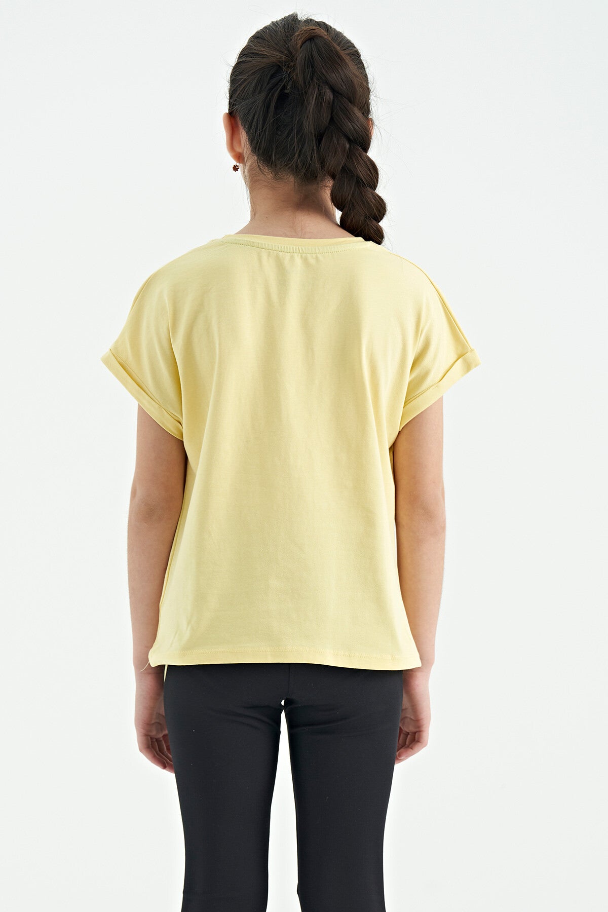 Yellow O Collar Low Shoulder Comfort Fit Short Sleeve Girls T-Shirt - 75128