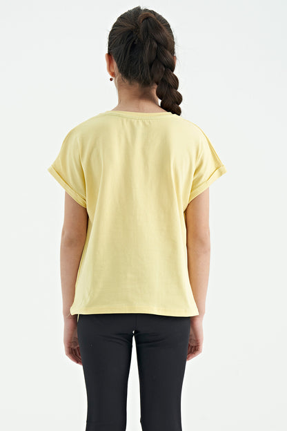 Yellow O Collar Low Shoulder Comfort Fit Short Sleeve Girls T-Shirt - 75128