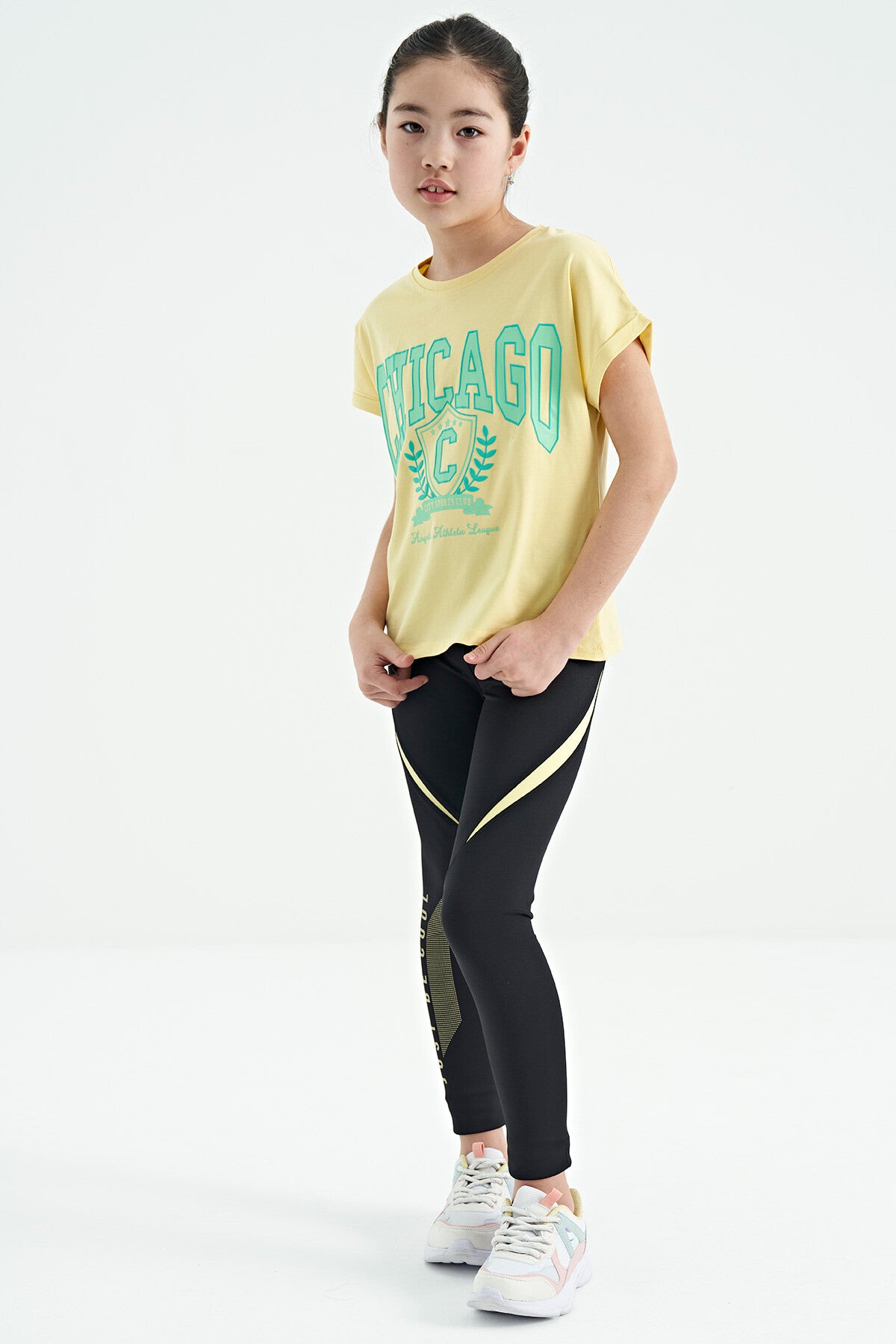 Yellow O Collar Low Shoulder Comfort Fit Short Sleeve Girls T-Shirt - 75128