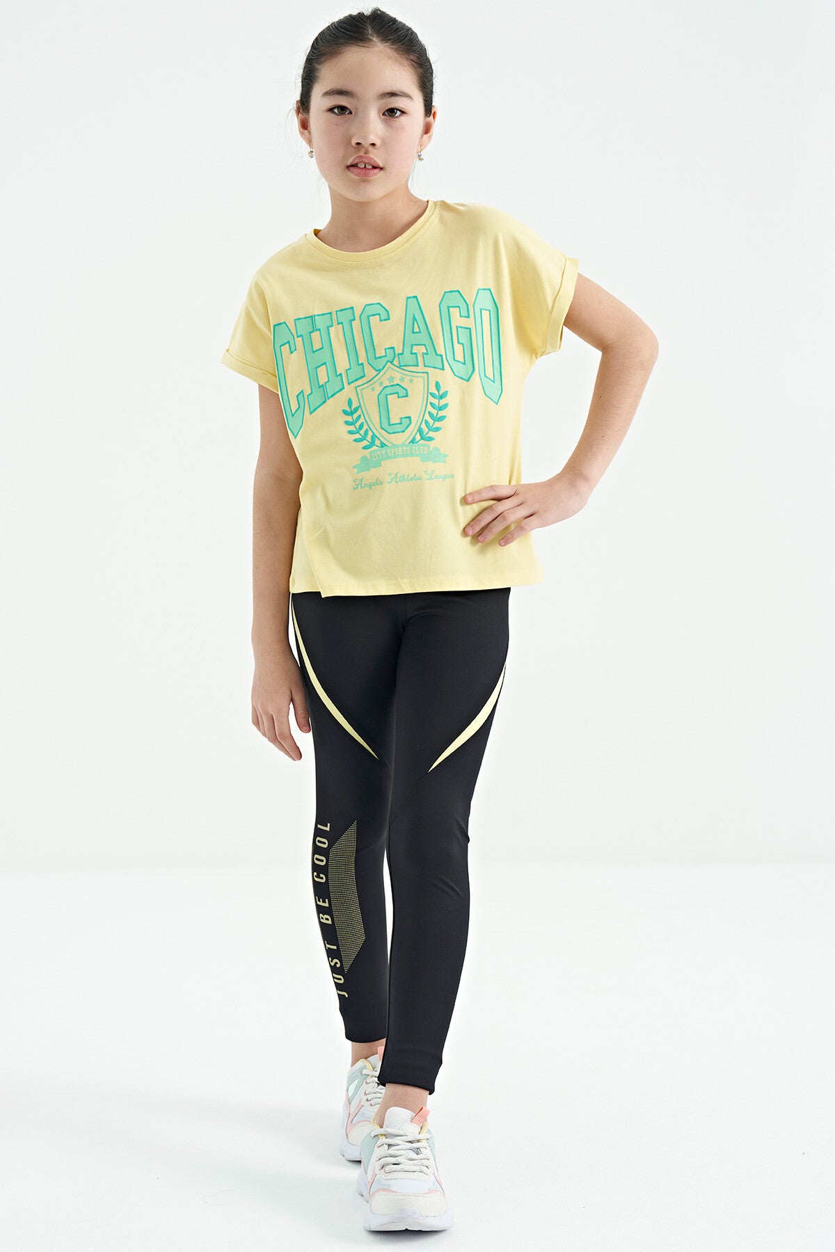 Yellow O Collar Low Shoulder Comfort Fit Short Sleeve Girls T-Shirt - 75128