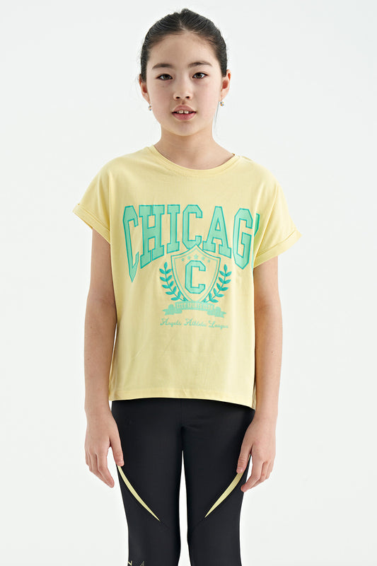 Yellow O Collar Low Shoulder Comfort Fit Short Sleeve Girls T-Shirt - 75128