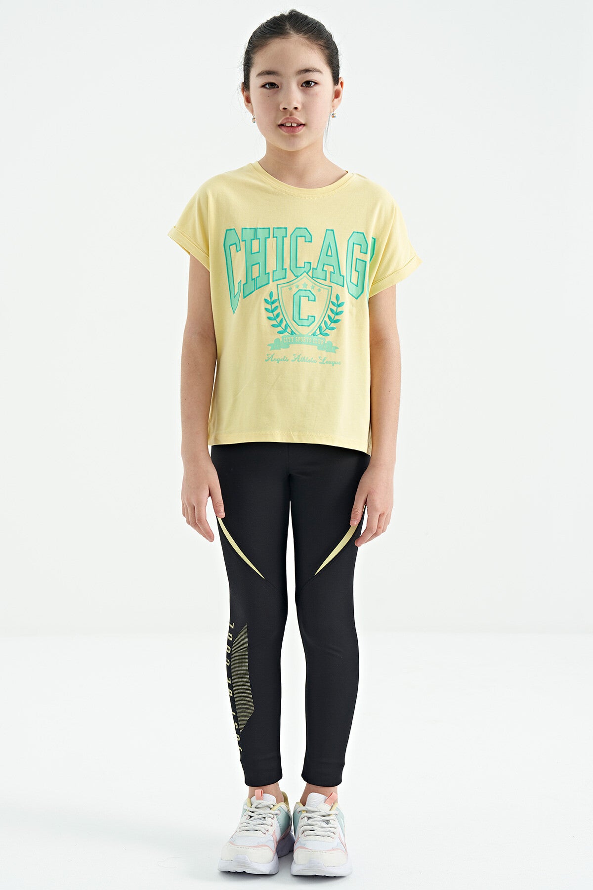Yellow O Collar Low Shoulder Comfort Fit Short Sleeve Girls T-Shirt - 75128