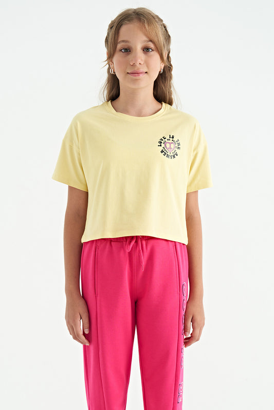 Yellow Front and Back Printed O Collar Low Shoulder Oversize Short Sleeve Girls' T-Shirt - 75126
