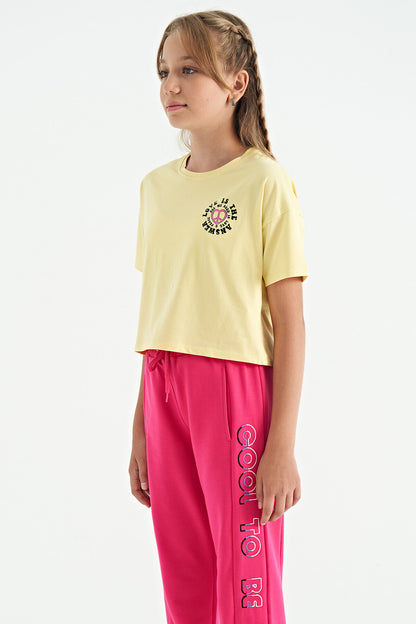 Yellow Front and Back Printed O Collar Low Shoulder Oversize Short Sleeve Girls' T-Shirt - 75126