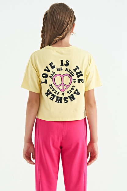 Yellow Front and Back Printed O Collar Low Shoulder Oversize Short Sleeve Girls' T-Shirt - 75126
