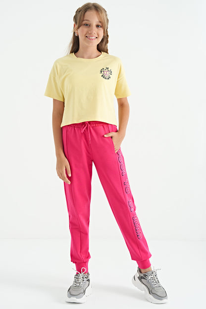 Yellow Front and Back Printed O Collar Low Shoulder Oversize Short Sleeve Girls' T-Shirt - 75126