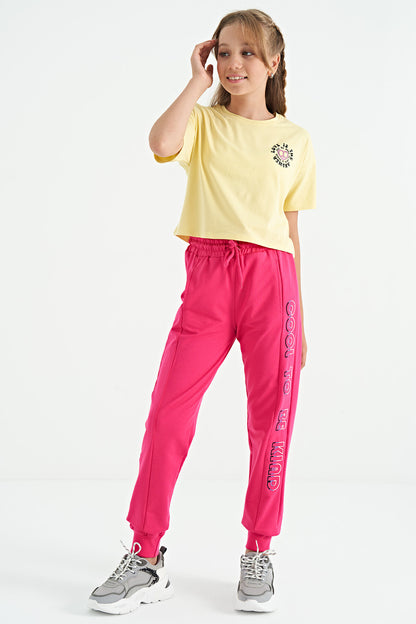 Yellow Front and Back Printed O Collar Low Shoulder Oversize Short Sleeve Girls' T-Shirt - 75126
