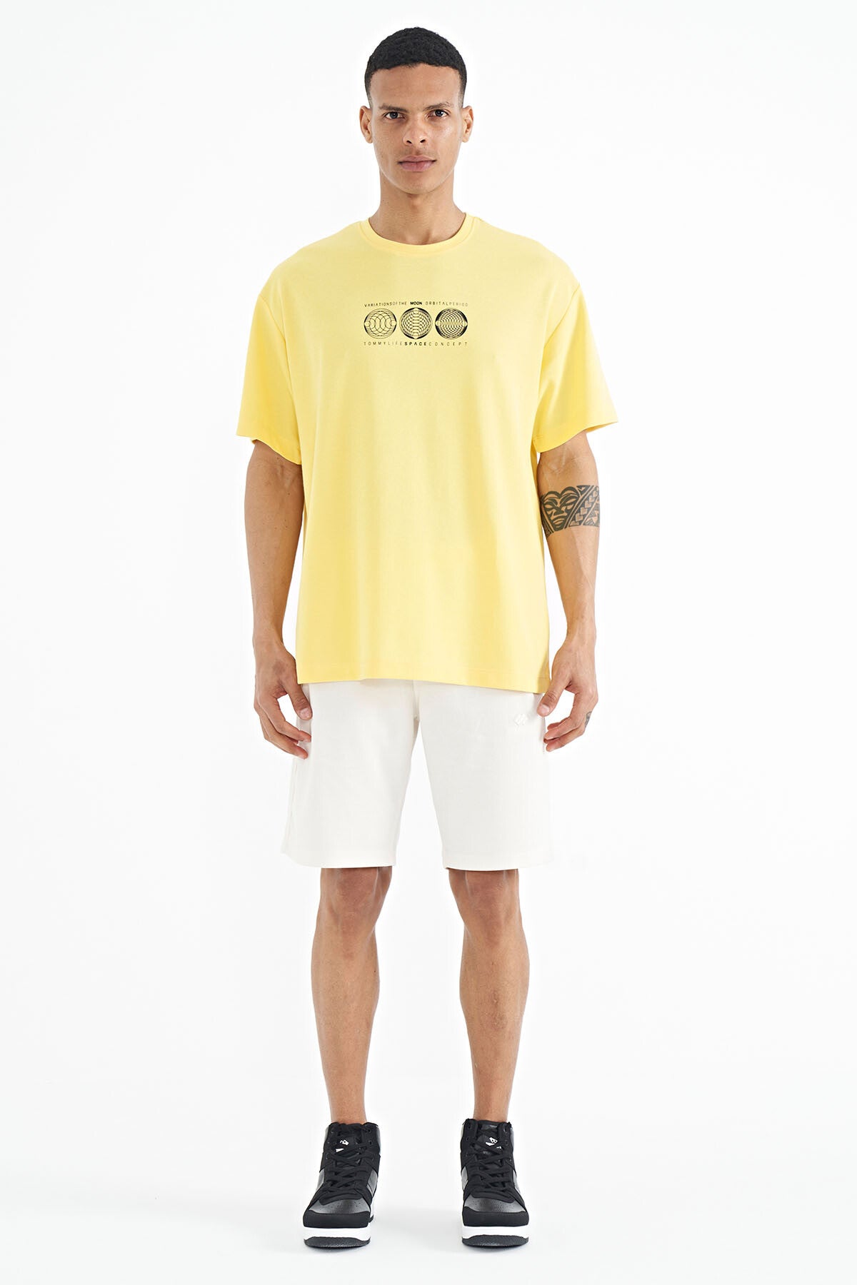 Yellow Front Back Printed O Collar Oversize Men's T-shirt - 88224