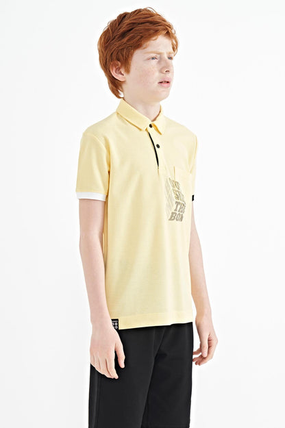 Yellow Front Pocket Detailed Printed Standard Fit Polo Collar Boys' T-Shirt - 11102
