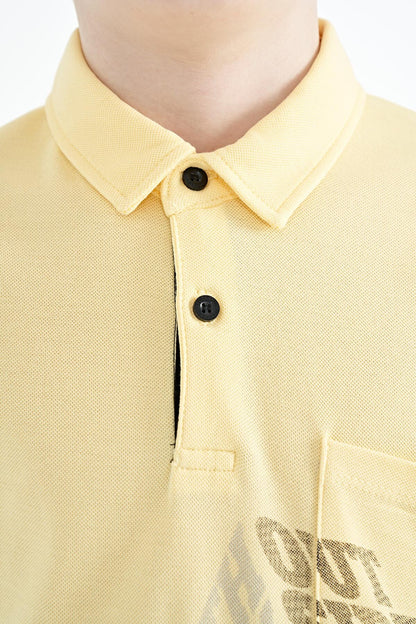Yellow Front Pocket Detailed Printed Standard Fit Polo Collar Boys' T-Shirt - 11102