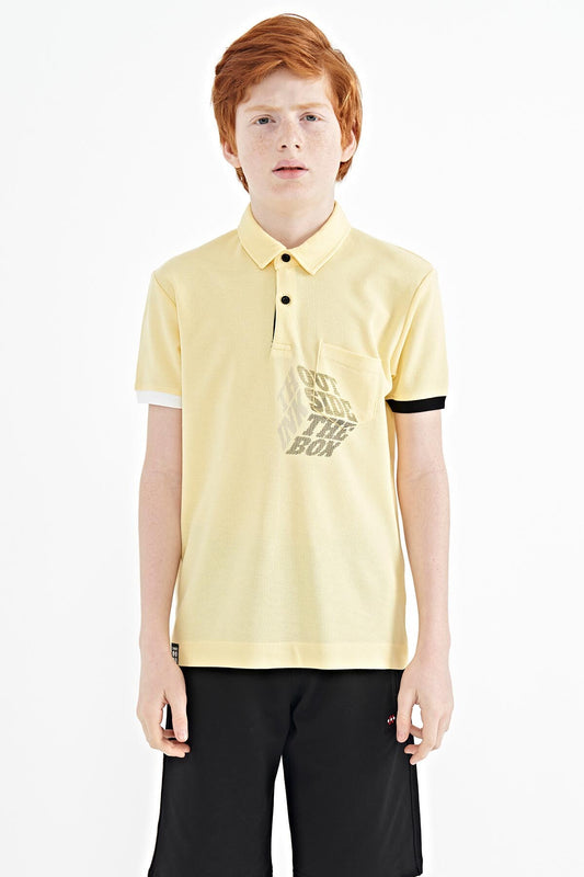 Yellow Front Pocket Detailed Printed Standard Fit Polo Collar Boys' T-Shirt - 11102