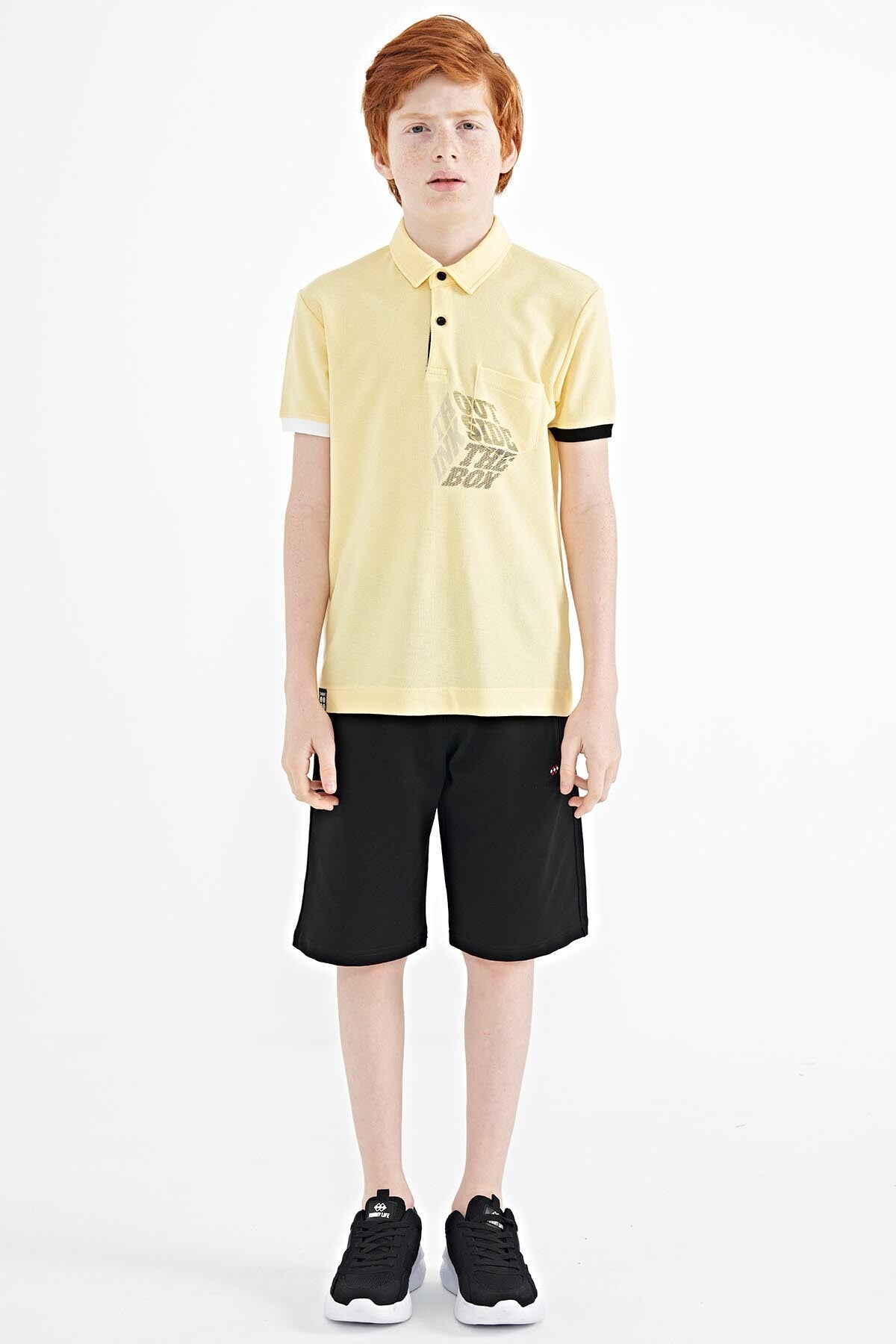 Yellow Front Pocket Detailed Printed Standard Fit Polo Collar Boys' T-Shirt - 11102