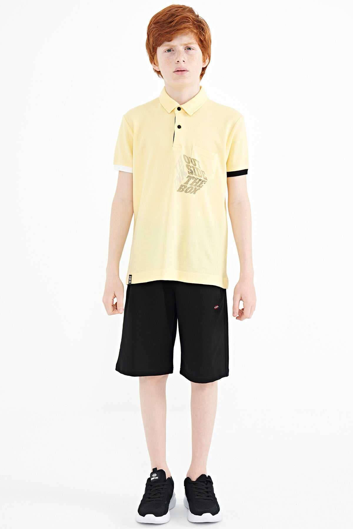 Yellow Front Pocket Detailed Printed Standard Fit Polo Collar Boys' T-Shirt - 11102