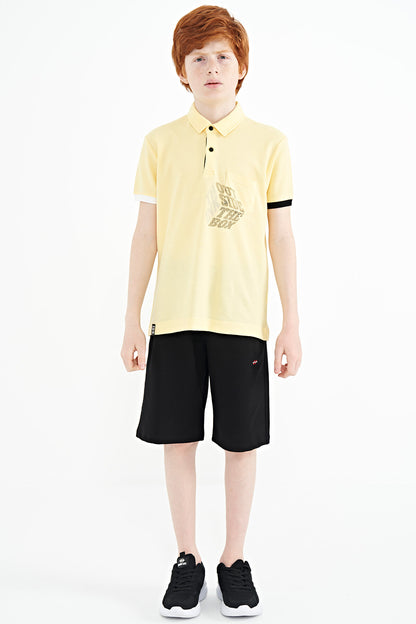 Yellow Front Pocket Detailed Printed Standard Fit Polo Collar Boys' T-Shirt - 11102