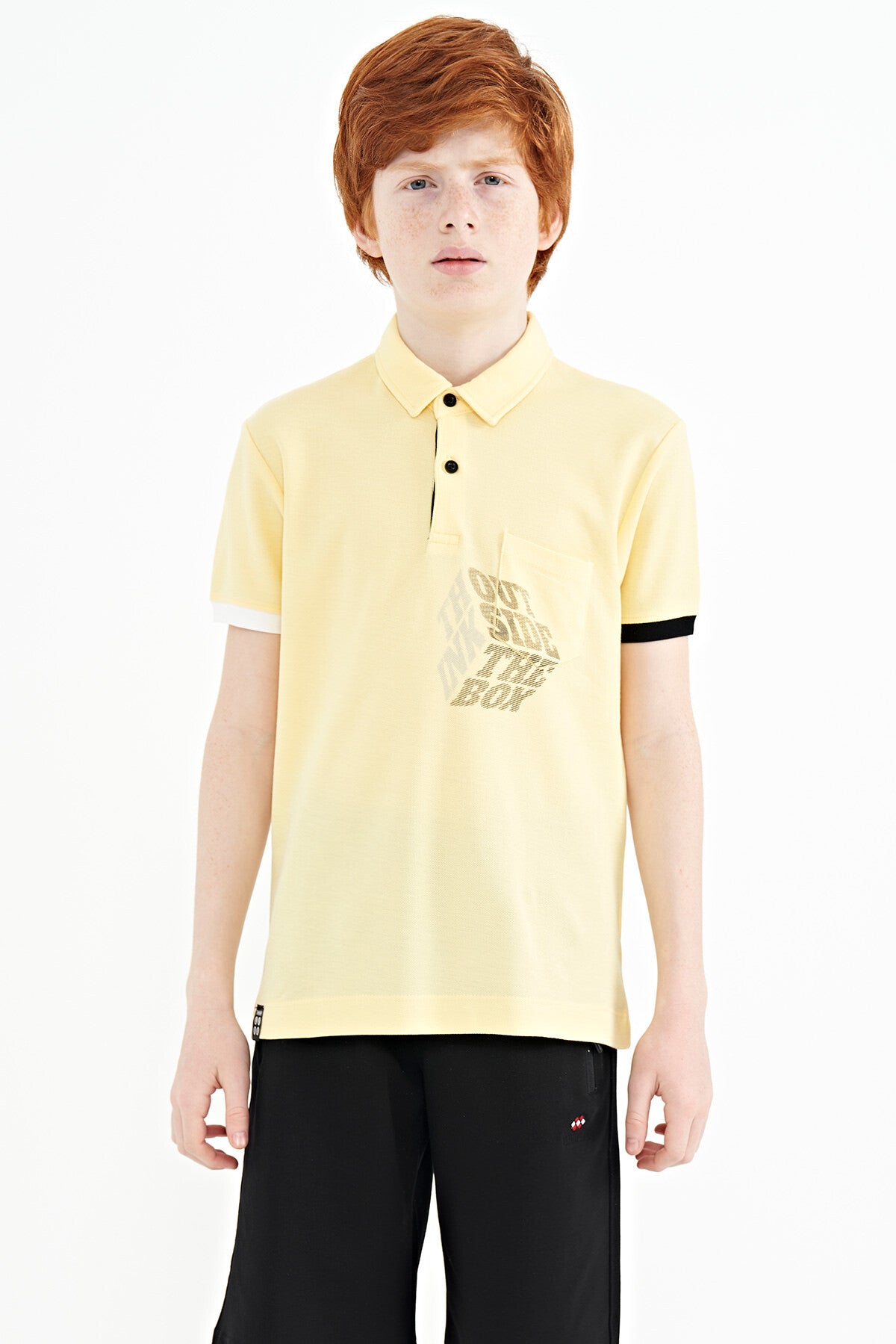 Yellow Front Pocket Detailed Printed Standard Fit Polo Collar Boys' T-Shirt - 11102