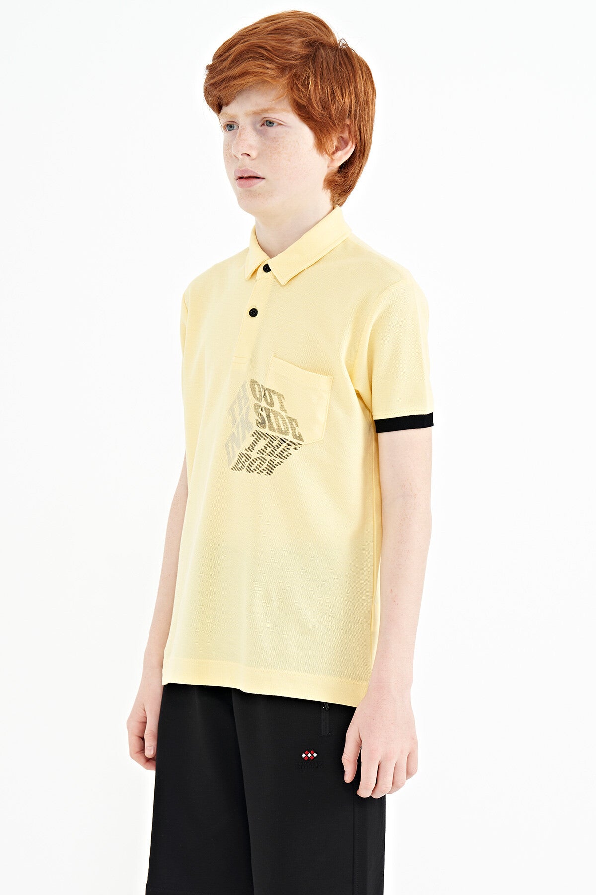 Yellow Front Pocket Detailed Printed Standard Fit Polo Collar Boys' T-Shirt - 11102