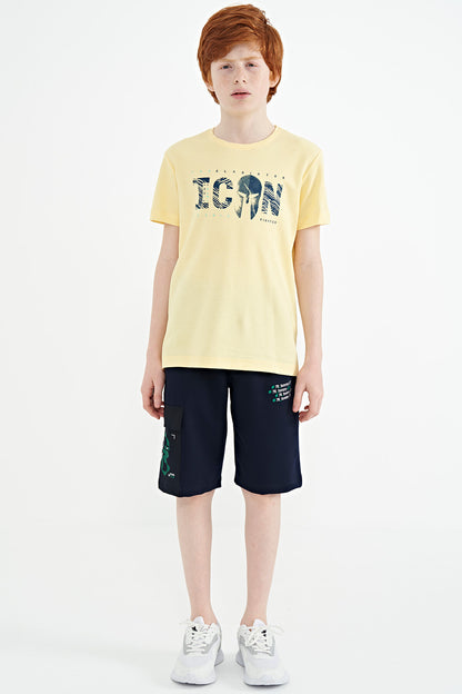 Yellow Front Embroidered O Collar Standard Fit Boys' T-Shirt - 11118