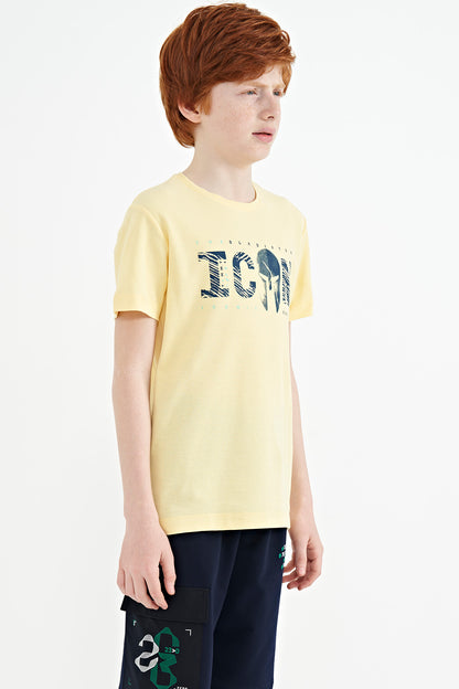 Yellow Front Embroidered O Collar Standard Fit Boys' T-Shirt - 11118