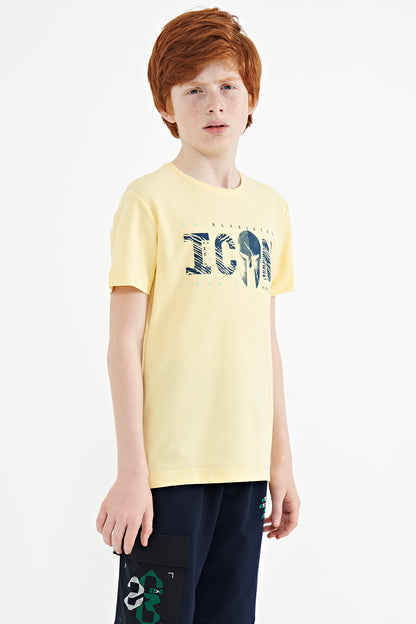 Yellow Front Embroidered O Collar Standard Fit Boys' T-Shirt - 11118