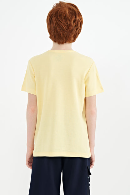 Yellow Front Embroidered O Collar Standard Fit Boys' T-Shirt - 11118