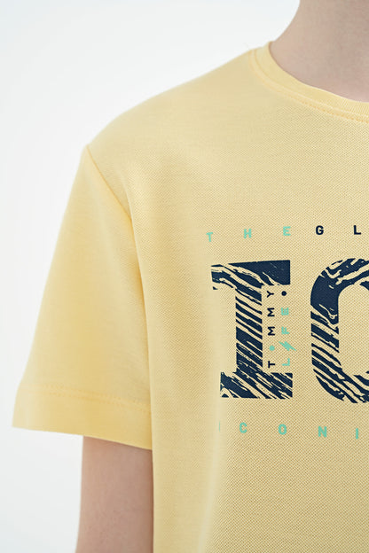 Yellow Front Embroidered O Collar Standard Fit Boys' T-Shirt - 11118