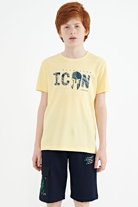 Yellow Front Embroidered O Collar Standard Fit Boys' T-Shirt - 11118