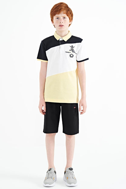 Colorful Embroidered Block Detailed Standard Cut Polo Collar Boys T-Shirt - 11088