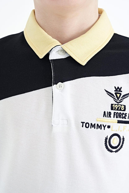 Colorful Embroidered Block Detailed Standard Cut Polo Collar Boys T-Shirt - 11088