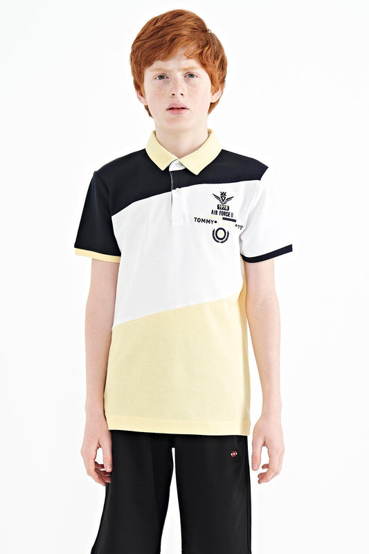 Colorful Embroidered Block Detailed Standard Cut Polo Collar Boys T-Shirt - 11088