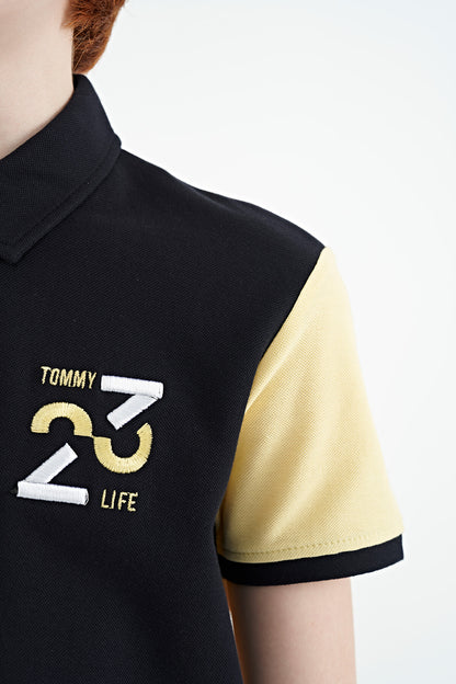 Detailed Standard Pattern Embroidered Yellow Block Polo Collar Boys' T-Shirt - 11108