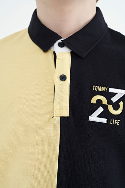 Detailed Standard Pattern Embroidered Yellow Block Polo Collar Boys' T-Shirt - 11108