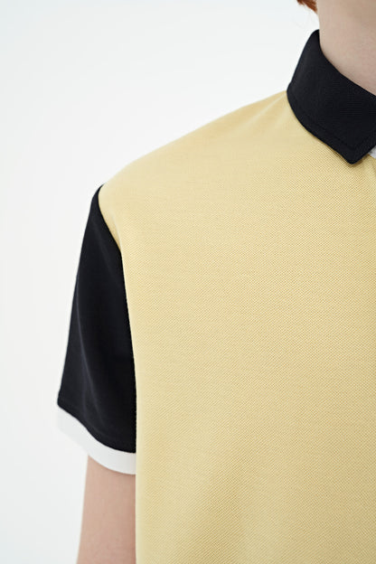 Detailed Standard Pattern Embroidered Yellow Block Polo Collar Boys' T-Shirt - 11108