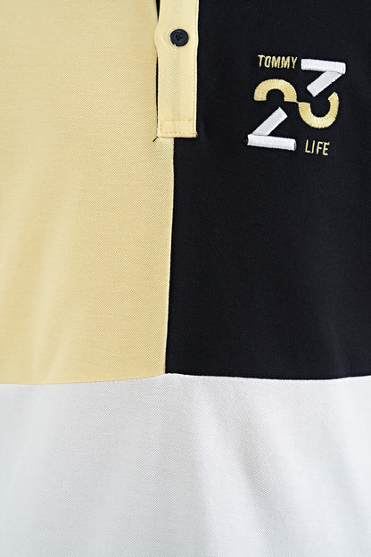 Detailed Standard Pattern Embroidered Yellow Block Polo Collar Boys' T-Shirt - 11108