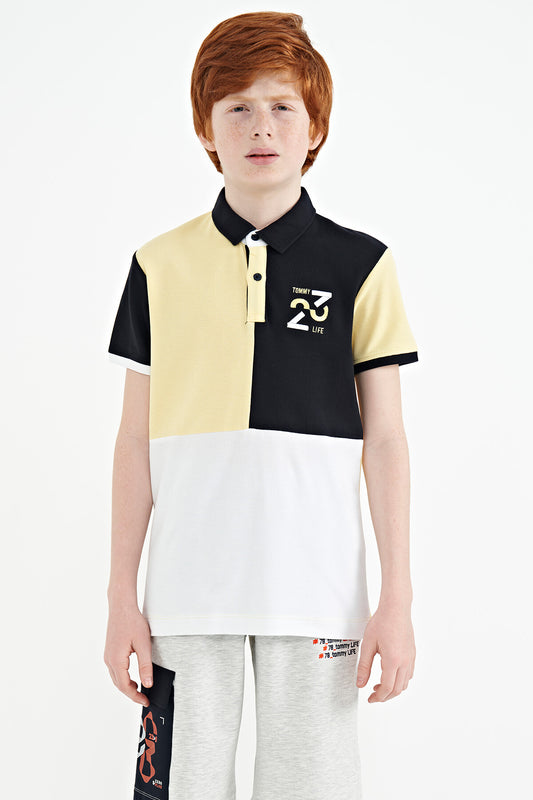 Detailed Standard Pattern Embroidered Yellow Block Polo Collar Boys' T-Shirt - 11108