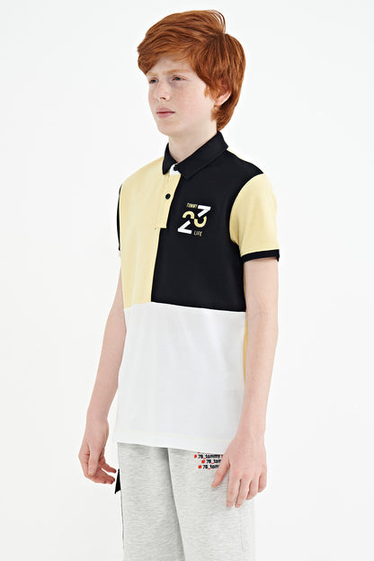 Detailed Standard Pattern Embroidered Yellow Block Polo Collar Boys' T-Shirt - 11108