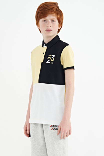 Detailed Standard Pattern Embroidered Yellow Block Polo Collar Boys' T-Shirt - 11108