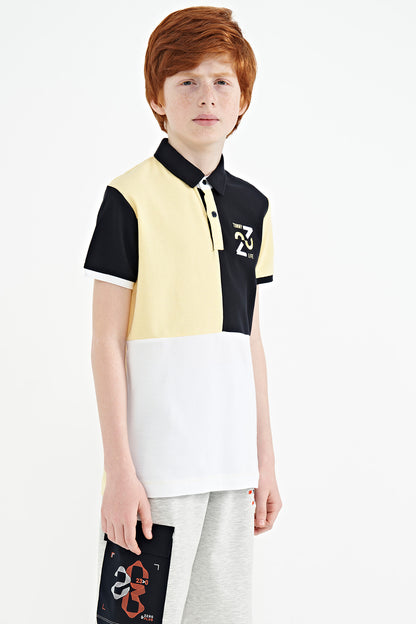 Detailed Standard Pattern Embroidered Yellow Block Polo Collar Boys' T-Shirt - 11108