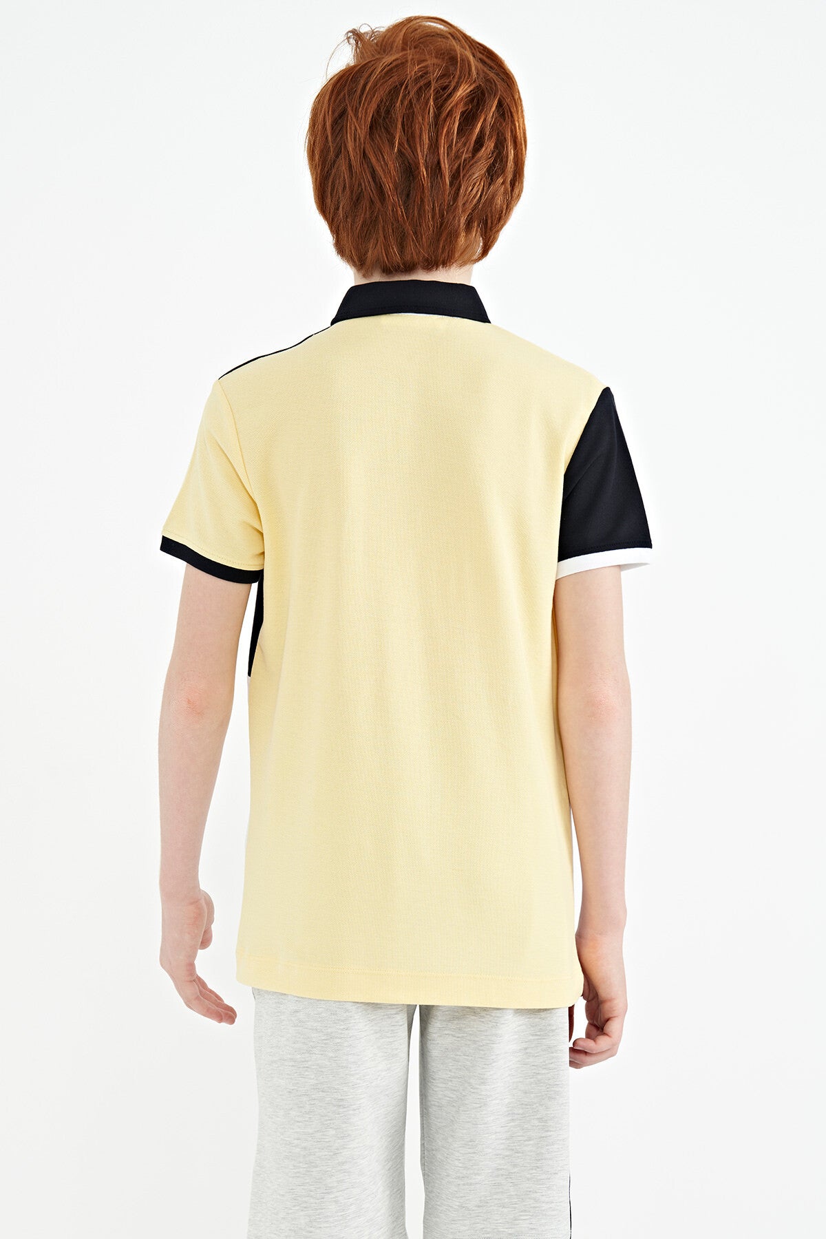 Detailed Standard Pattern Embroidered Yellow Block Polo Collar Boys' T-Shirt - 11108