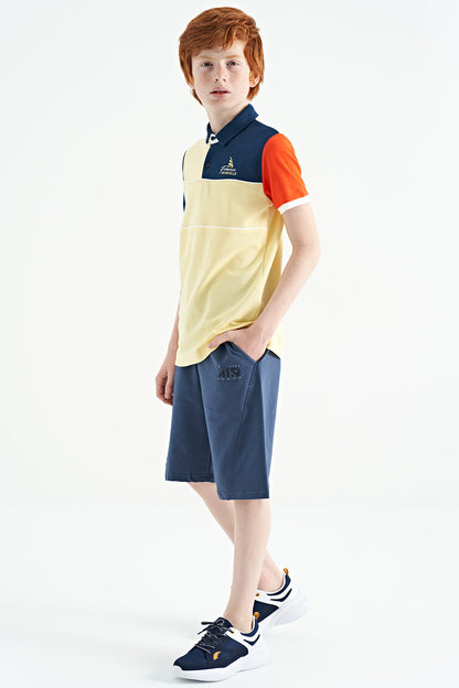 Yellow Color Block Embroidered Letter Detailed Standard Pattern Polo Collar Boys T-Shirt - 11109