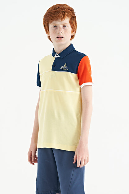 Yellow Color Block Embroidered Letter Detailed Standard Pattern Polo Collar Boys T-Shirt - 11109