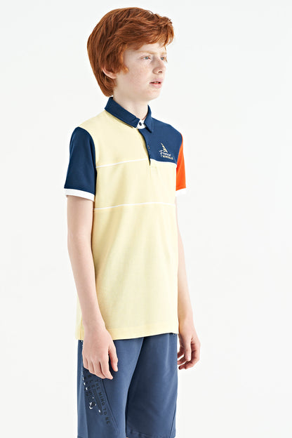 Yellow Color Block Embroidered Letter Detailed Standard Pattern Polo Collar Boys T-Shirt - 11109