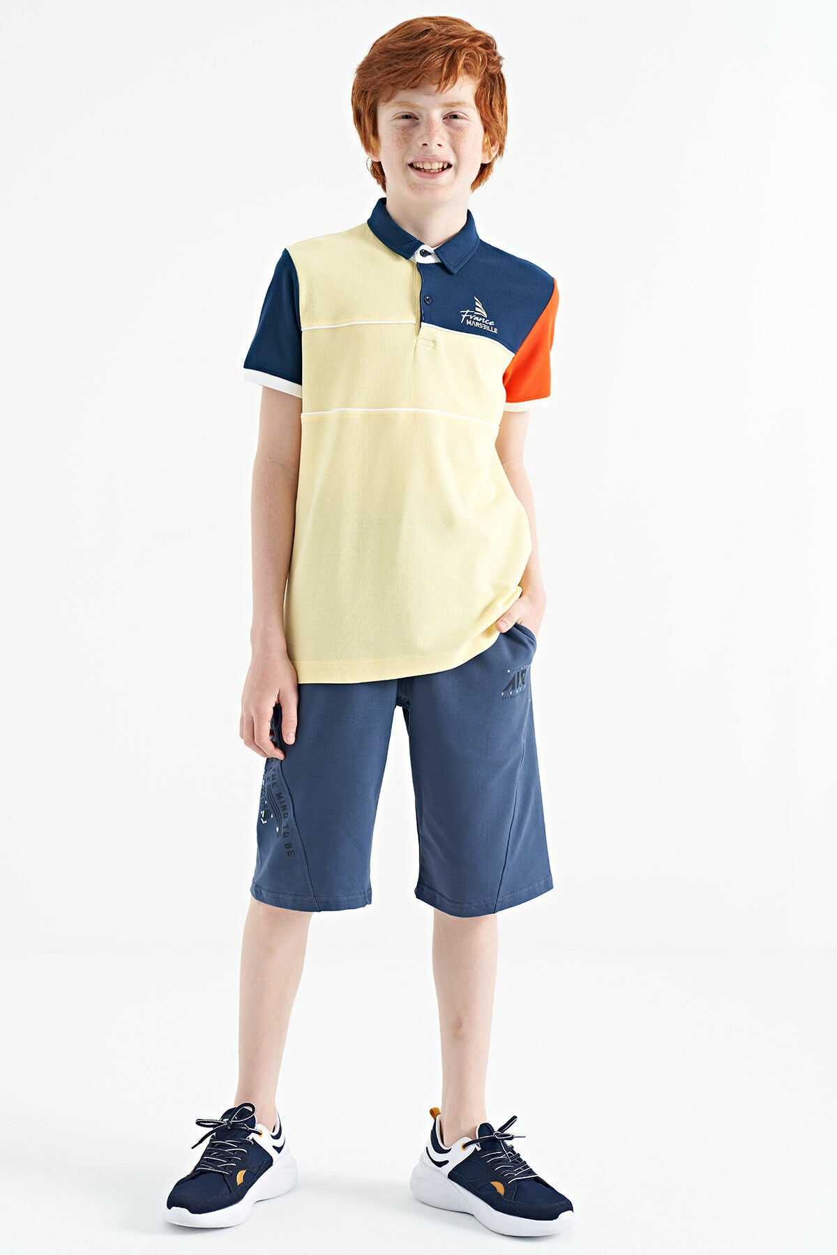 Yellow Color Block Embroidered Letter Detailed Standard Pattern Polo Collar Boys T-Shirt - 11109