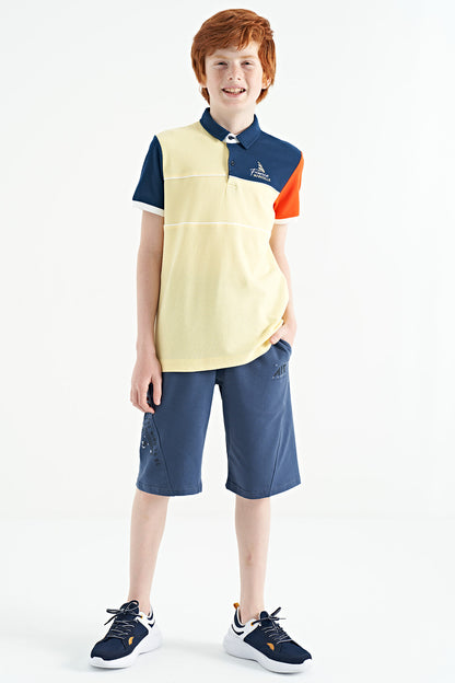 Yellow Color Block Embroidered Letter Detailed Standard Pattern Polo Collar Boys T-Shirt - 11109